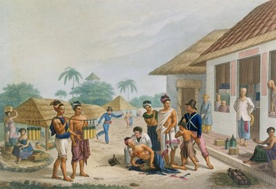 Näkymä basaarille Coupangissa, Timorissa, Pomelin kaivertama Voyage Autour du Monde sur les Corvettes de L